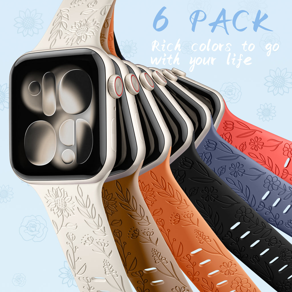 SNBLK 6 Pack Floral Engraved Bands Compatible with Apple Watch Bands