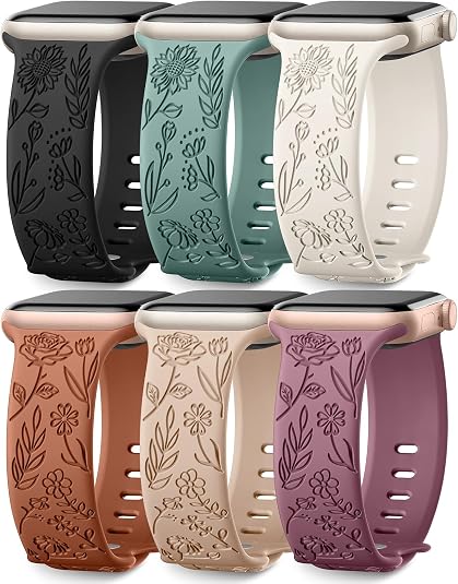 SNBLK 6 Pack Floral Engraved Bands Compatible with Apple Watch Bands